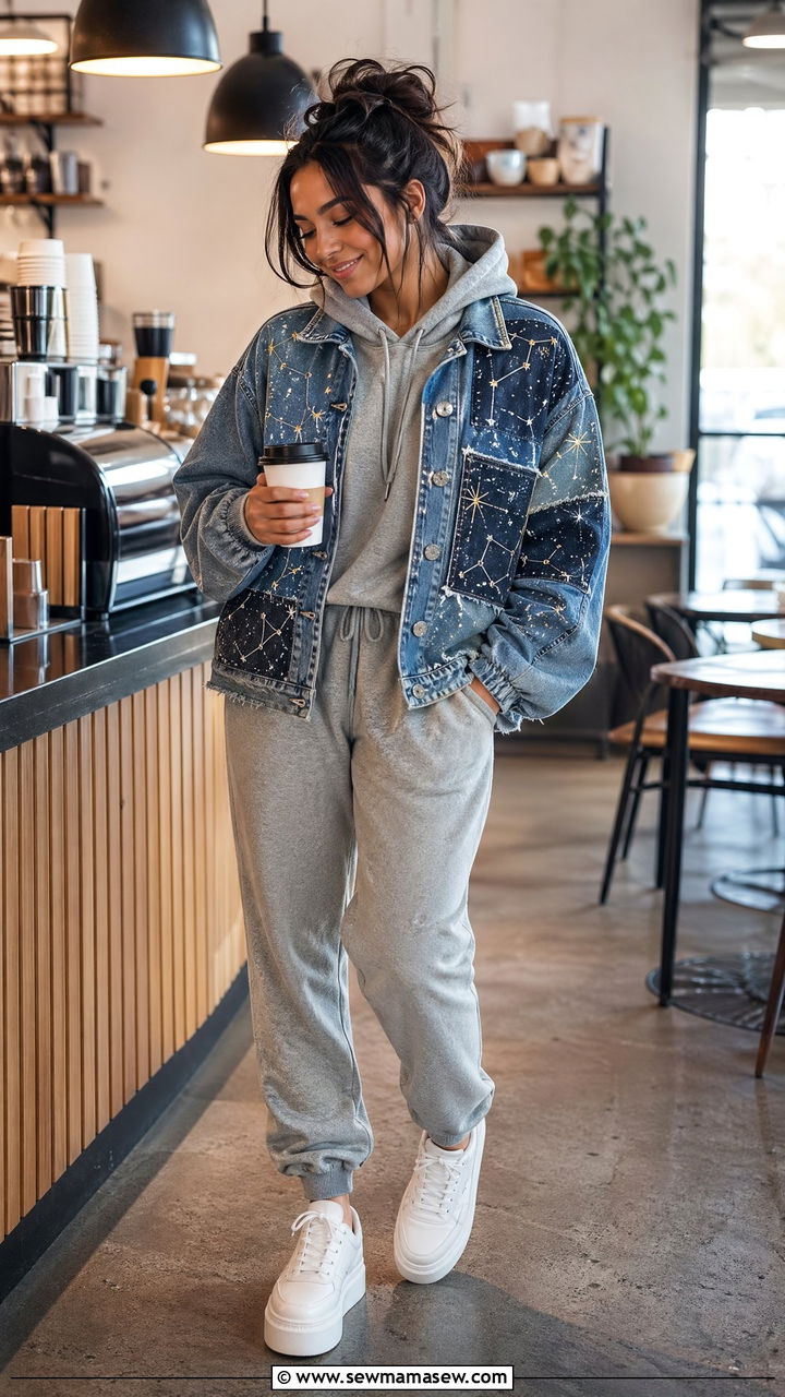 Constellation Patchwork Denim Jacket With Cozy Loungewear - 35 celestial outfits