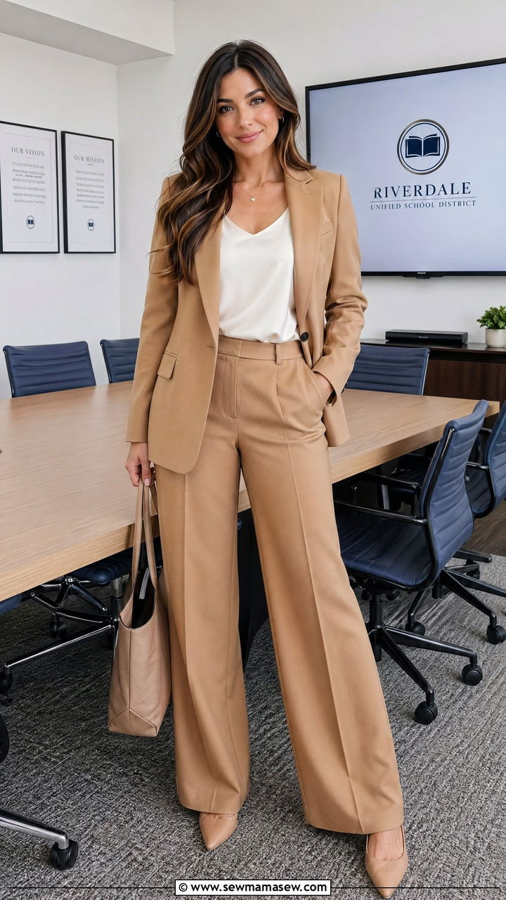 Coordinated Blazer and Trousers Set with Silk Shell - 35 teacher outfit ideas for women