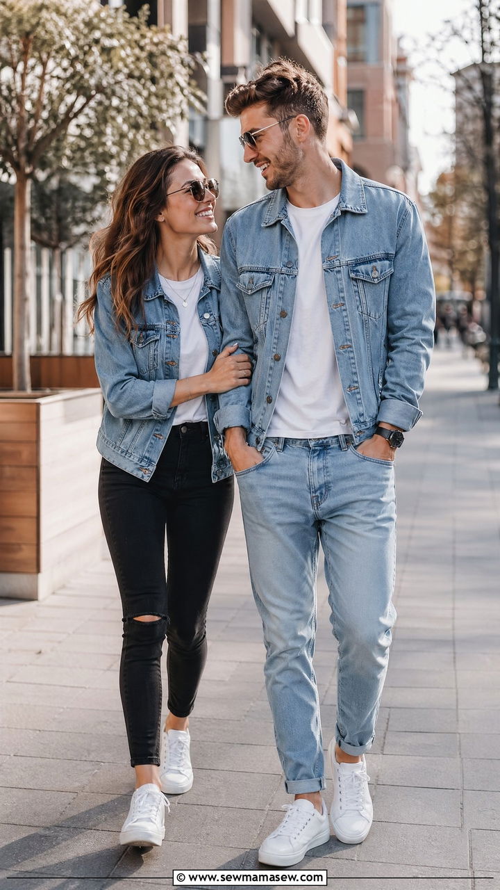 Coordinated Denim Jacket and White Tee Casual Couple Outfit - 35 Couples photoshoot outfit ideas