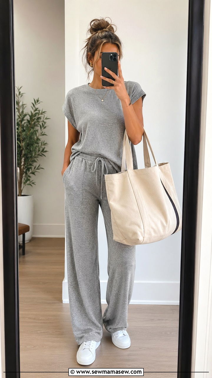 Coordinated Knit Lounge Set with Oversized Tote and Sneakers - 30 Sporty summer outfit ideas