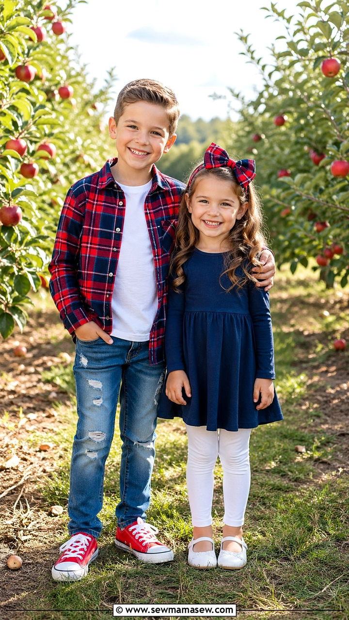 Coordinated Plaid Shirt and Jeans Sibling Outfits - 30 Sibling photoshoot outfit ideas