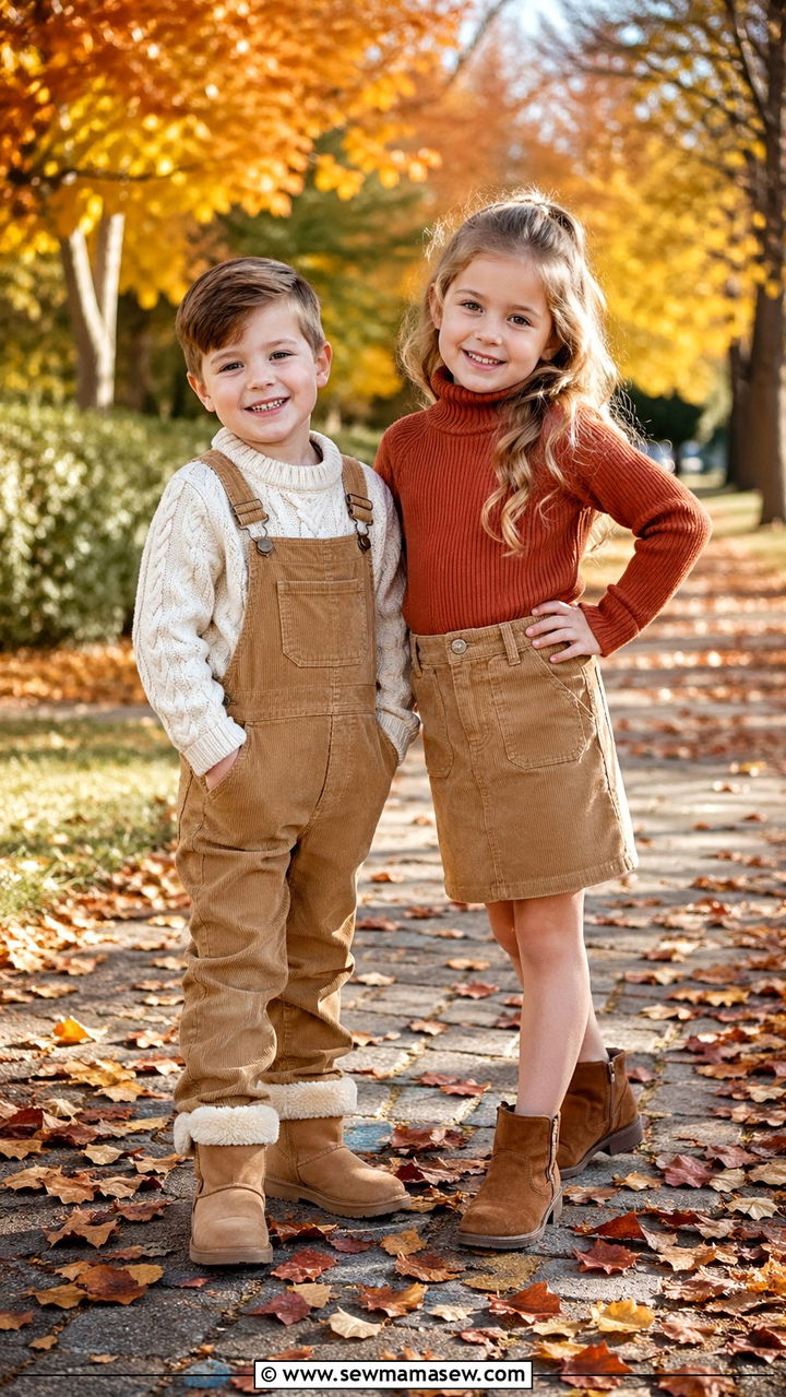 Coordinated Sweater and Corduroy Fall Sibling Outfits - 30 Sibling photoshoot outfit ideas