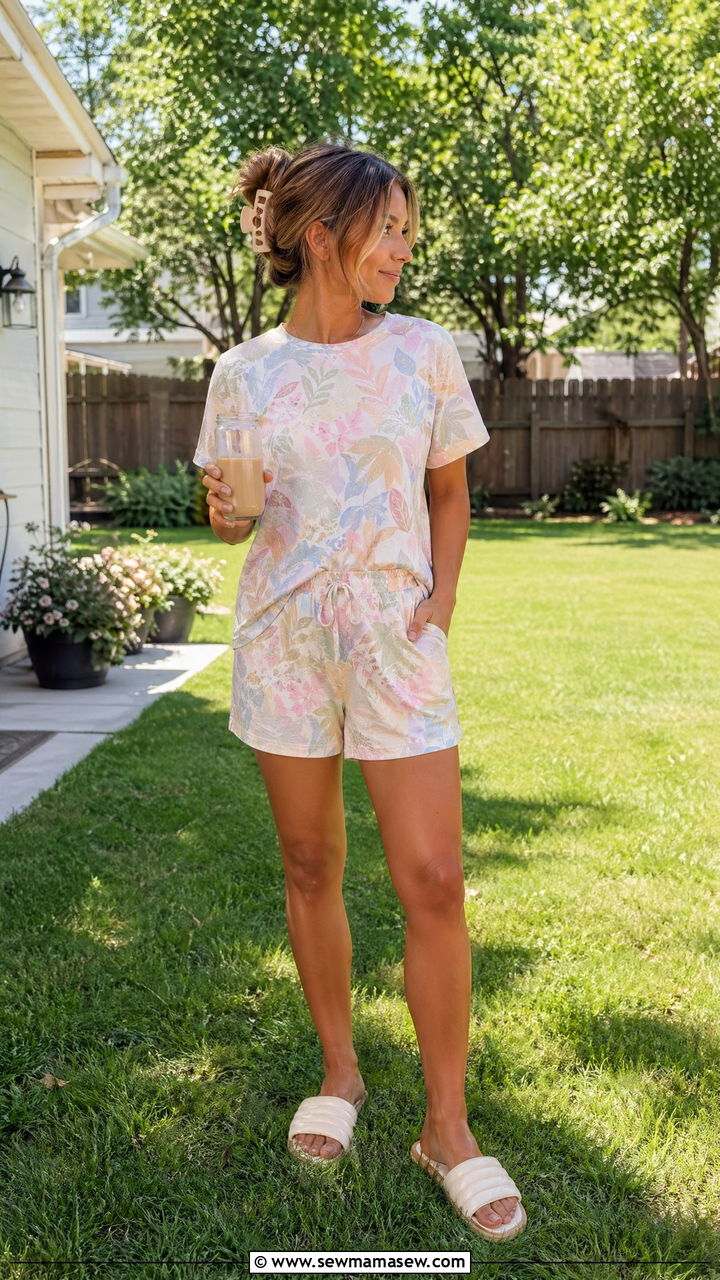 Coordinated Two Piece Lounge Set with Slides - 35 Spring outfits for stay at home moms