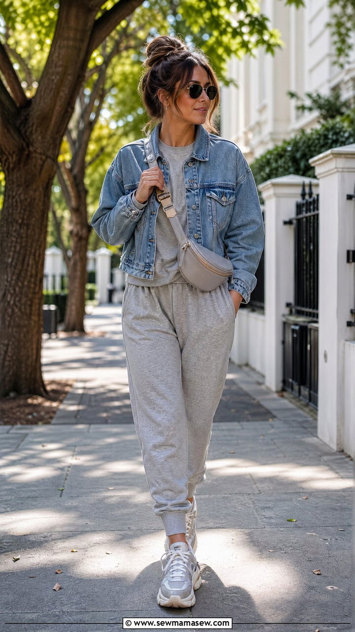 Coordinated jogger set with denim jacket - 35 Work from home outfits for moms