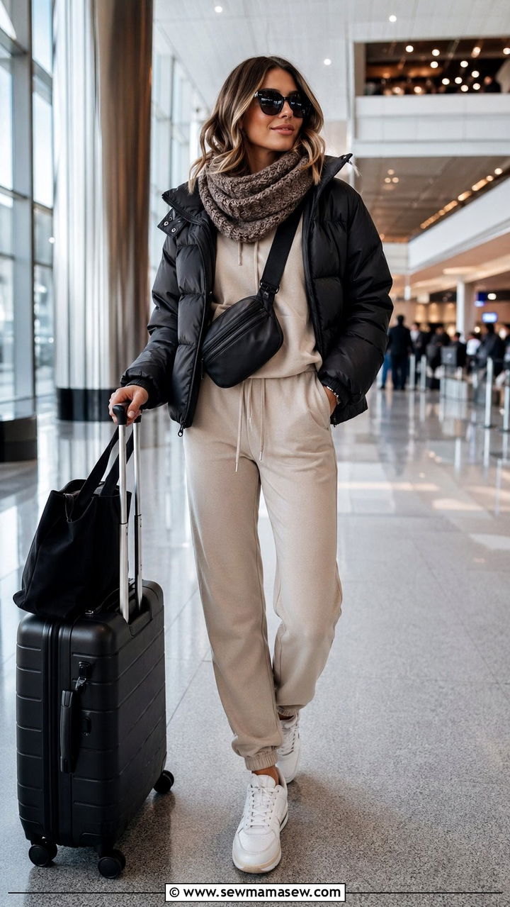 Coordinating sweats set with a cropped puffer and scarf - 30 Airport outfit ideas with a scarf