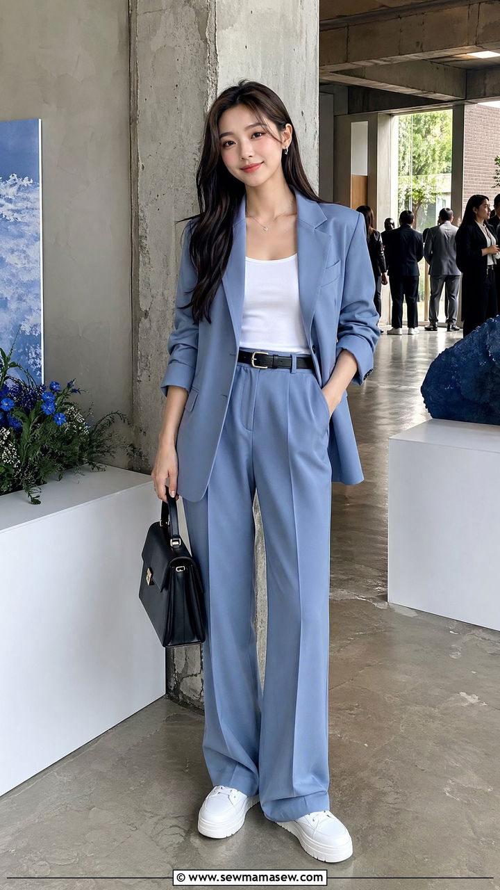 Coordinating two piece suit with sneakers - 35 Seoul vacation outfit ideas