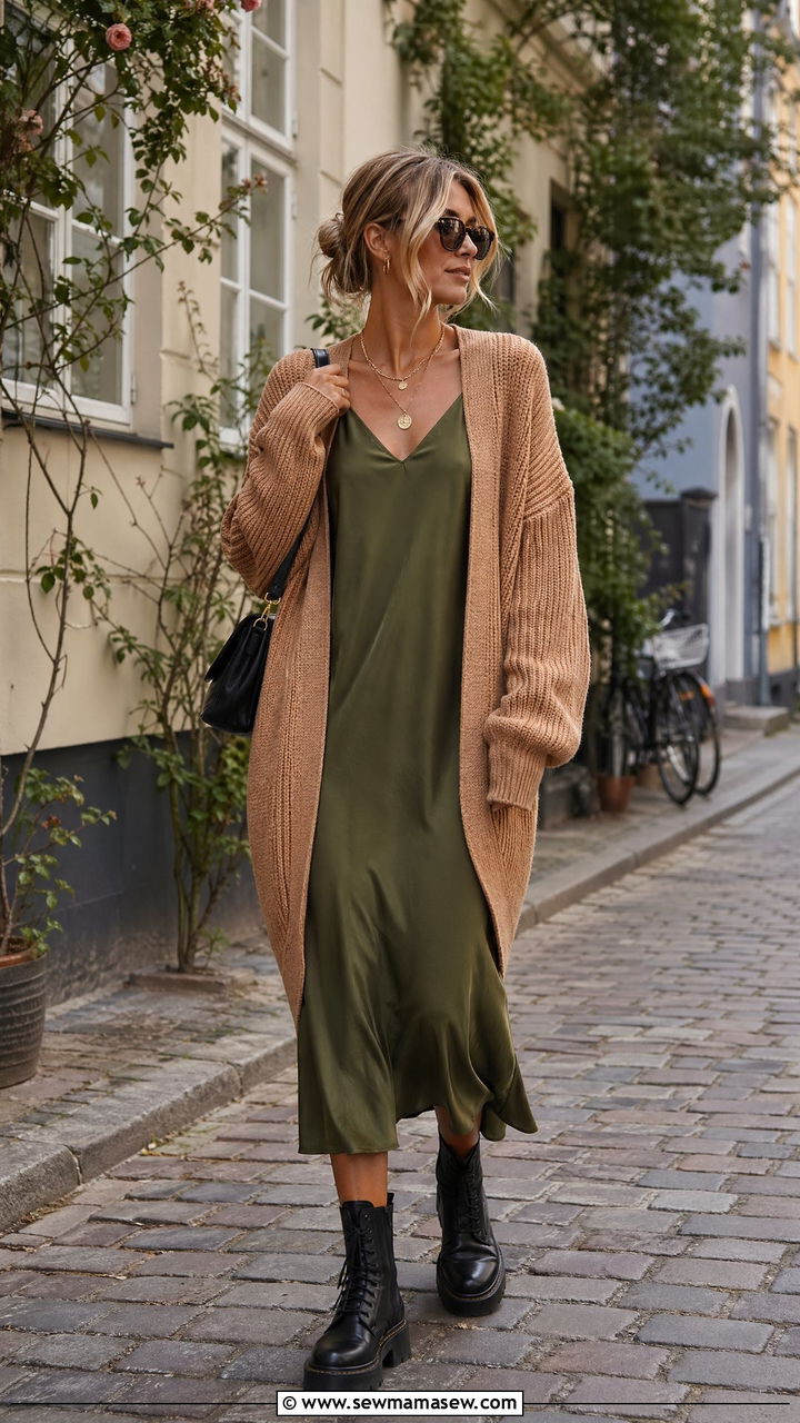 Copenhagen Cardigan with Slip Dress and Boots - 35 Copenhagen outfits for women