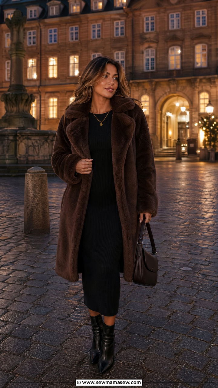 Copenhagen Faux Fur Coat with Knit Dress - 35 Copenhagen outfits for women