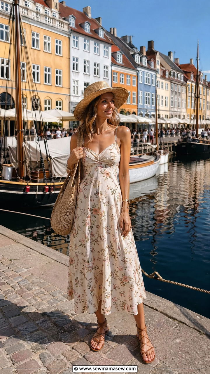 Copenhagen Flowy Sundress with Strappy Sandals - 35 Copenhagen outfits for women