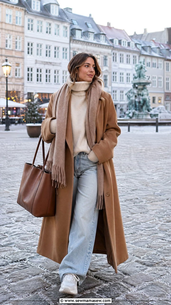 Copenhagen Long Wool Coat with Baggy Jeans - 35 Copenhagen outfits for women