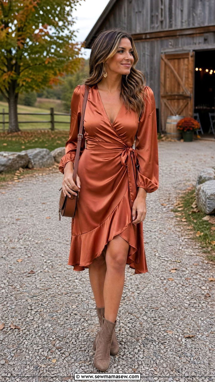 Copper Satin Wrap Dress With Suede Ankle Boots - 35 wedding guest outfit ideas for women