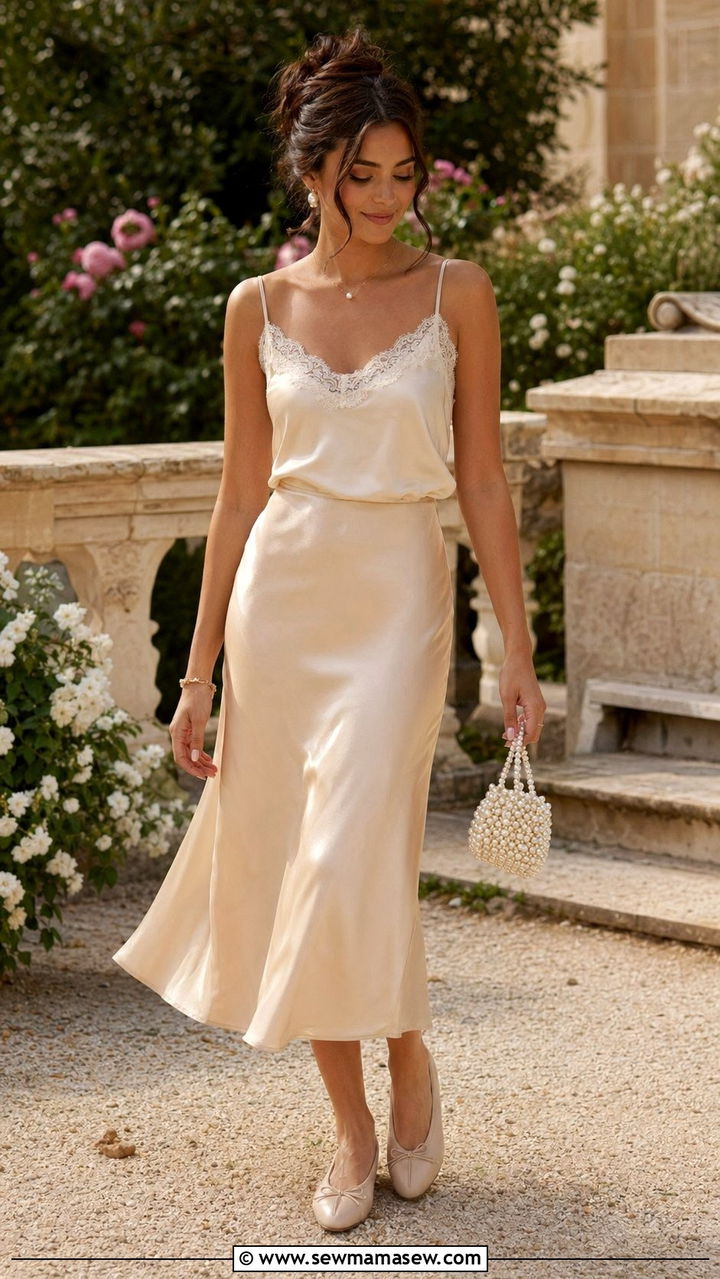 Coquette lace trim top and satin midi skirt outfit - 35 Pinterest outfits
