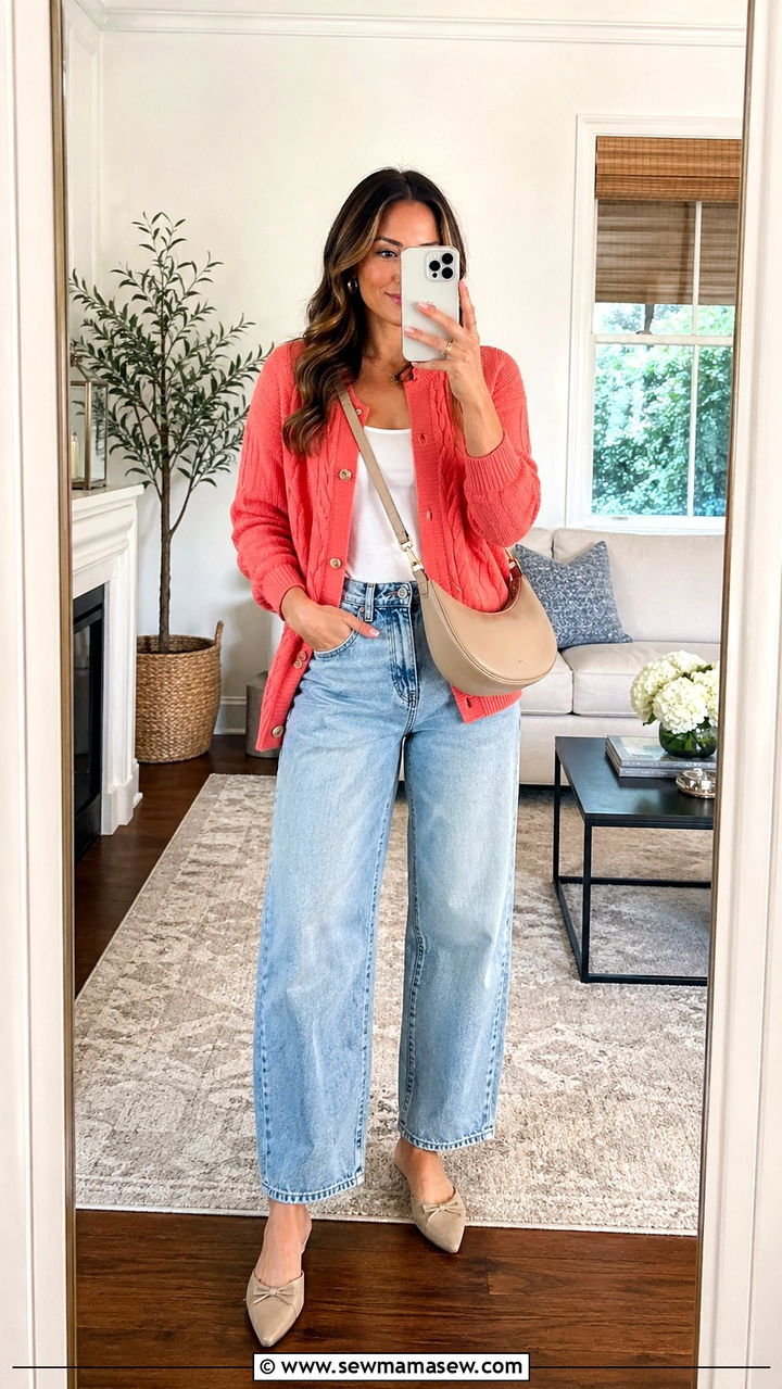 Coral Cable Knit Cardigan With Barrel Jeans And Mules - 30 spring coral outfit ideas