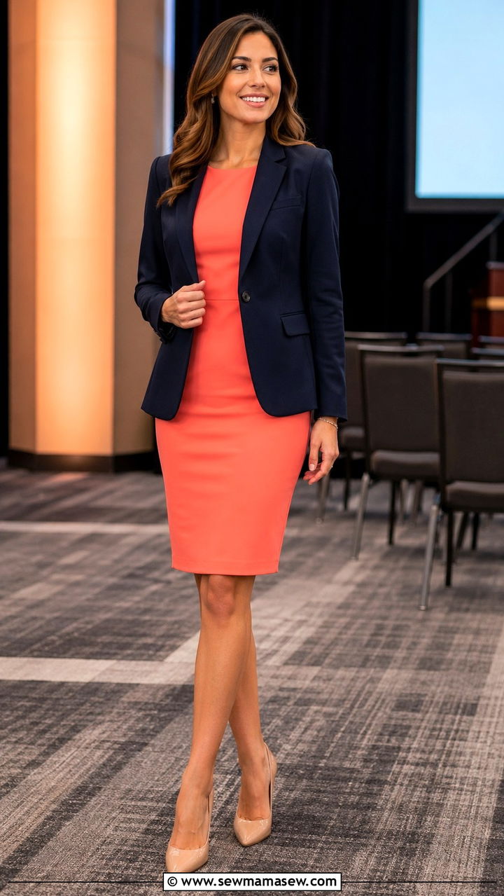 Coral Dress With Navy Blazer - 40 All coral outfit ideas