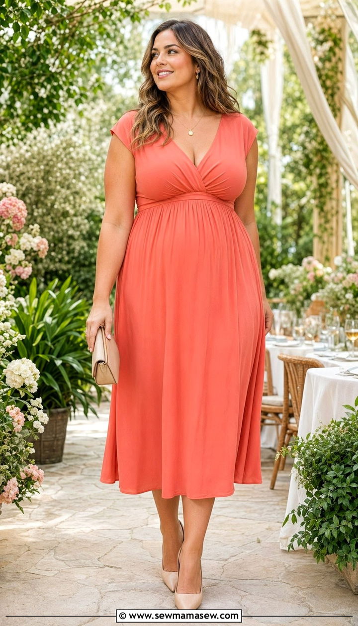 Coral Empire Waist Midi Dress With Nude Heels - 30 wedding guest outfits for apple shaped body