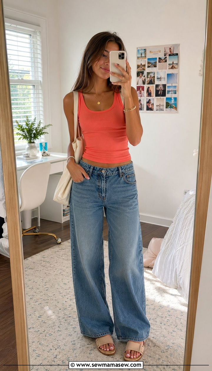Coral Fitted Tank and Wide Leg Jeans - 35 school outfits 2026