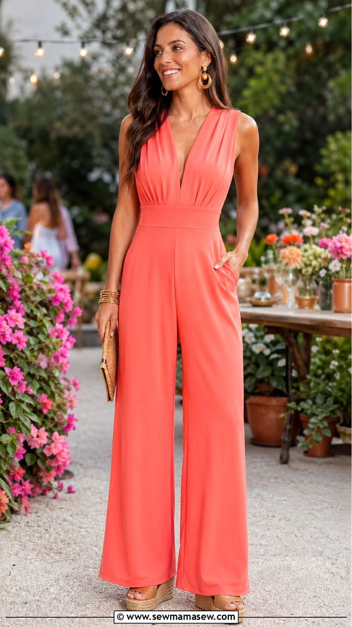 Coral Jumpsuit With Wedge Espadrilles - 40 All coral outfit ideas