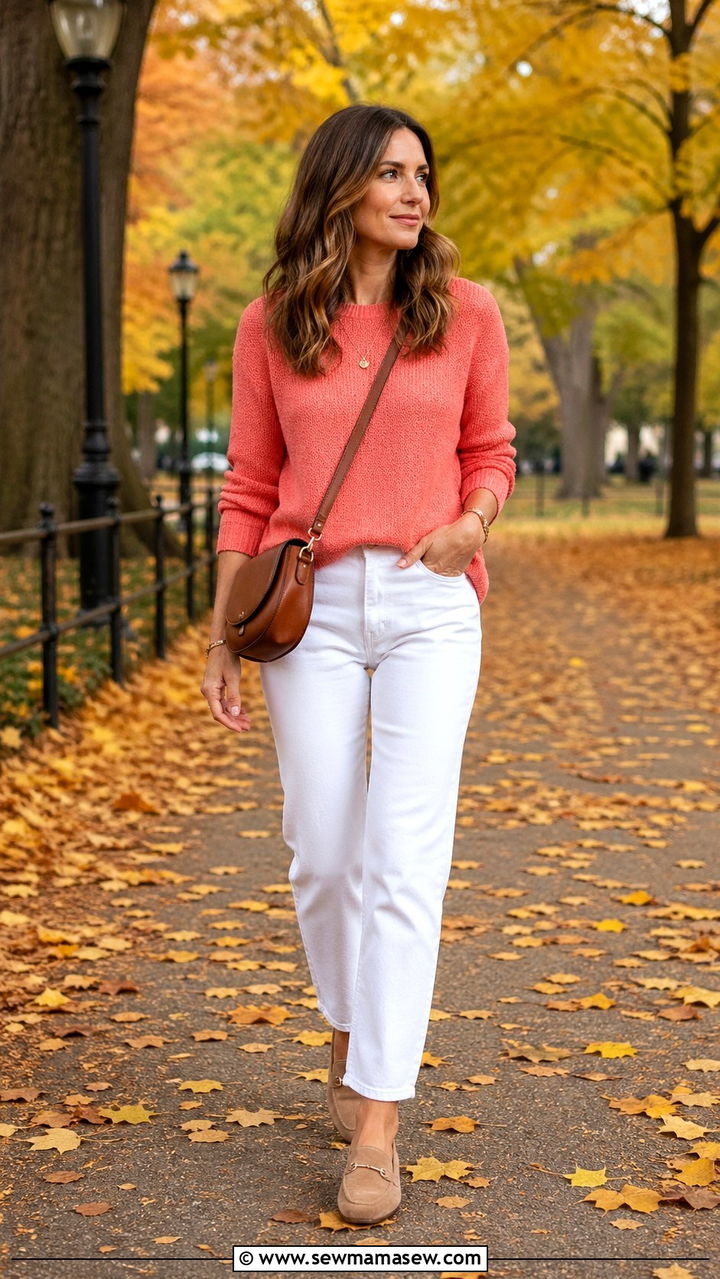 Coral Knit Sweater With White Jeans - 40 All coral outfit ideas
