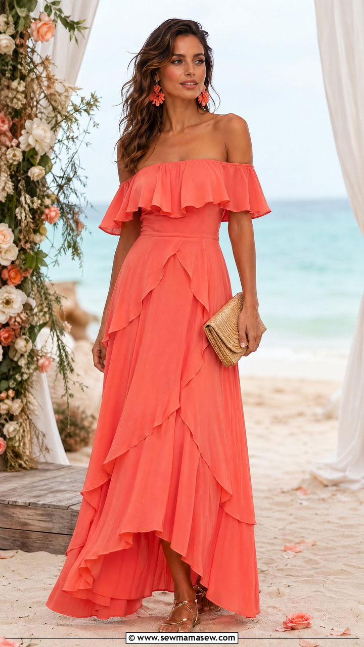 Coral Maxi Dress With Ruffles - 35 Wedding guest outfits for tall women