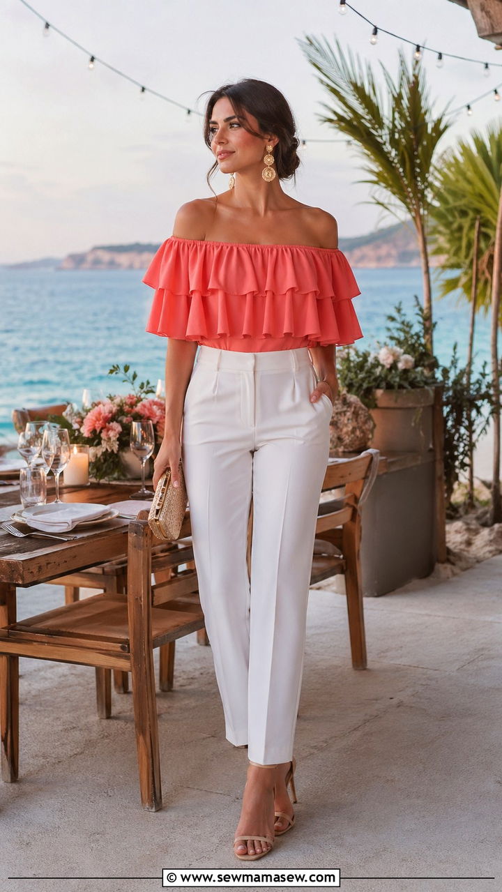 Coral Off Shoulder Top With White Straight Leg Pants - 40 All coral outfit ideas