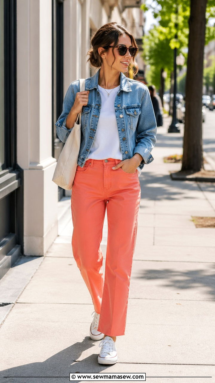 Coral Pants With A Denim Jacket And Canvas Sneakers - 30 spring coral outfit ideas