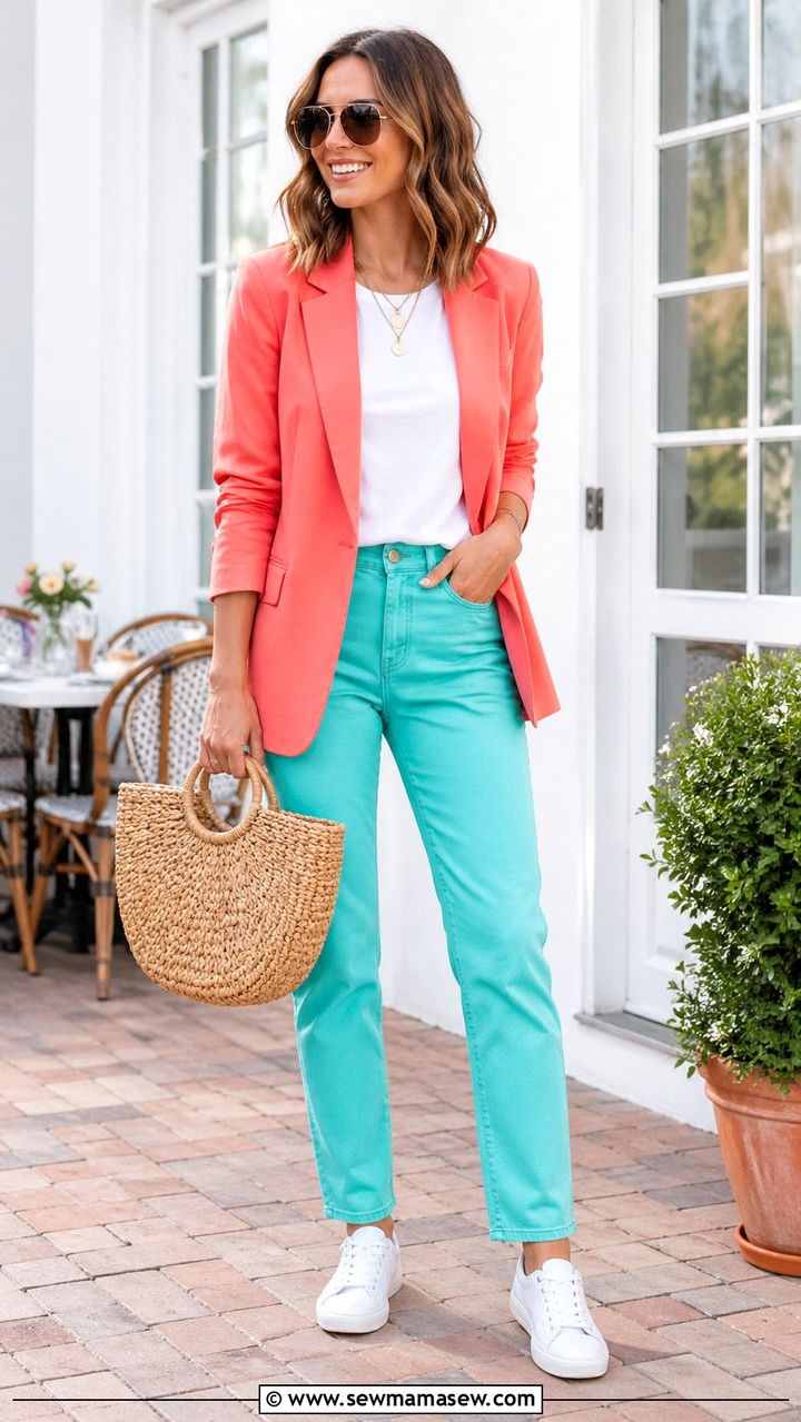 Coral Relaxed Blazer with Turquoise Straight Leg Jeans - 30 spring color blocking outfit ideas