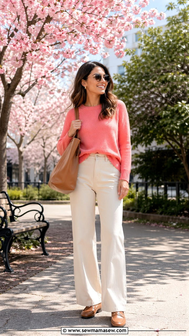 Coral Sweater With Wide Leg Cream Jeans And Loafers - 30 spring coral outfit ideas