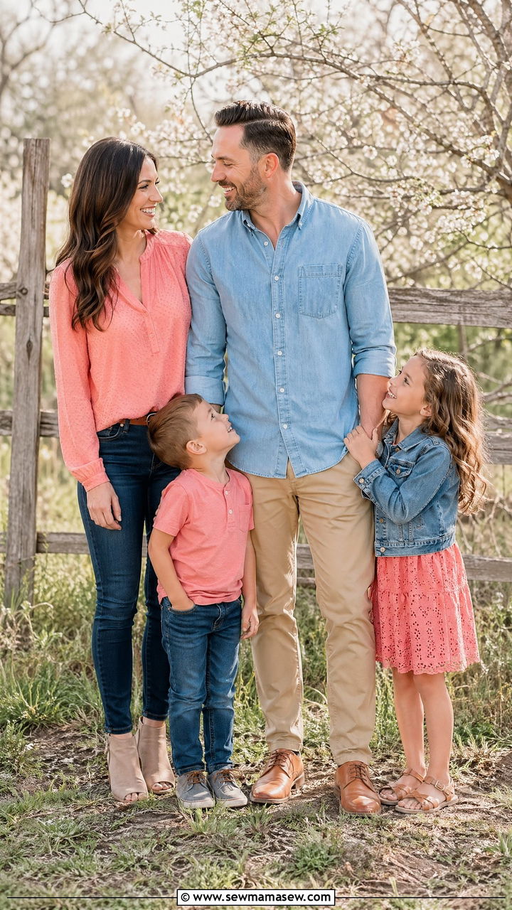 Coral and Denim Family Picture Outfit - 35 spring family photoshoot outfit ideas