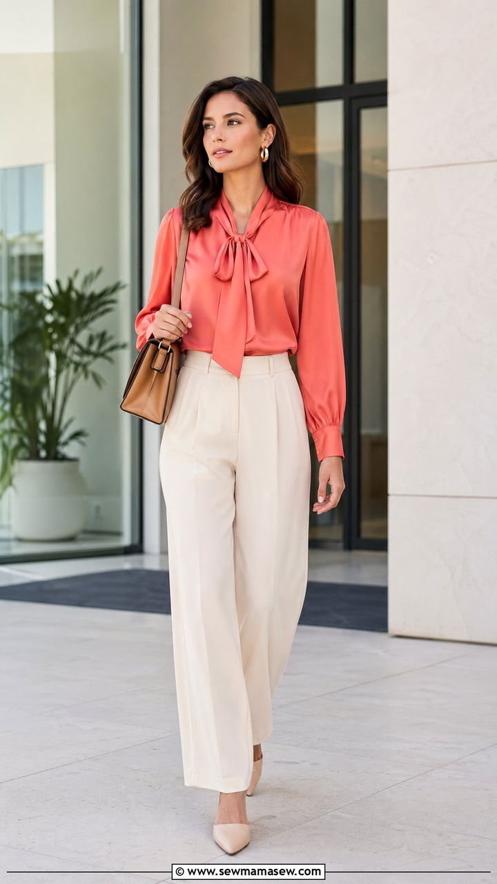 Coral blouse with wide leg pants - 35 Coral outfit ideas for summer