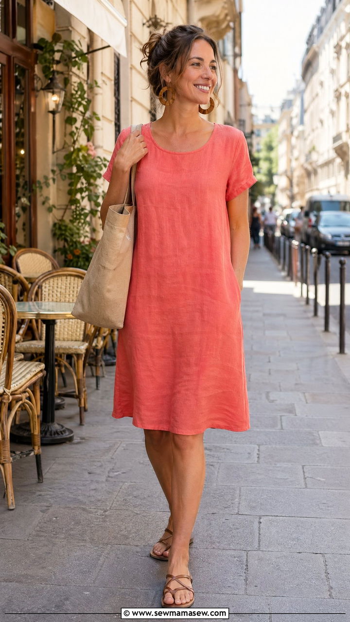 Coral linen dress with tote bag - 35 Coral outfit ideas for summer