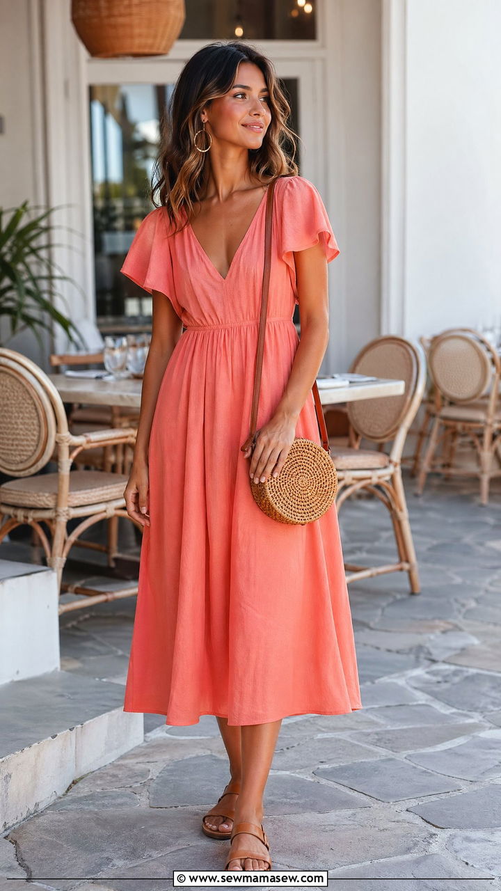 Coral midi dress with sandals - 35 Coral outfit ideas for summer