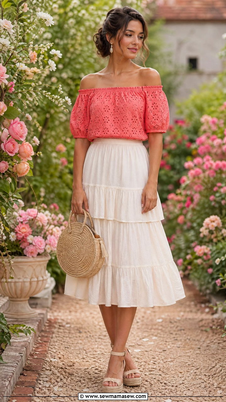Coral offshoulder top with midi skirt - 35 Coral outfit ideas for summer