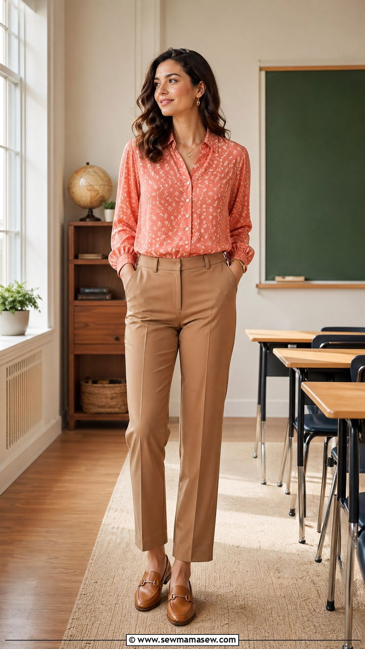Coral print blouse with camel trousers and tan loafers - 35 spring teacher outfit ideas