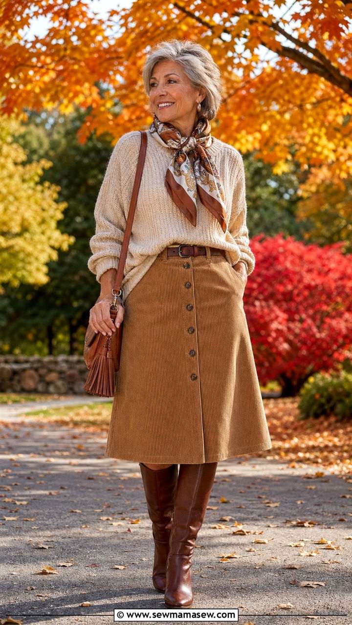Corduroy A line skirt with a chunky sweater - 30 Best skirts for women over 60
