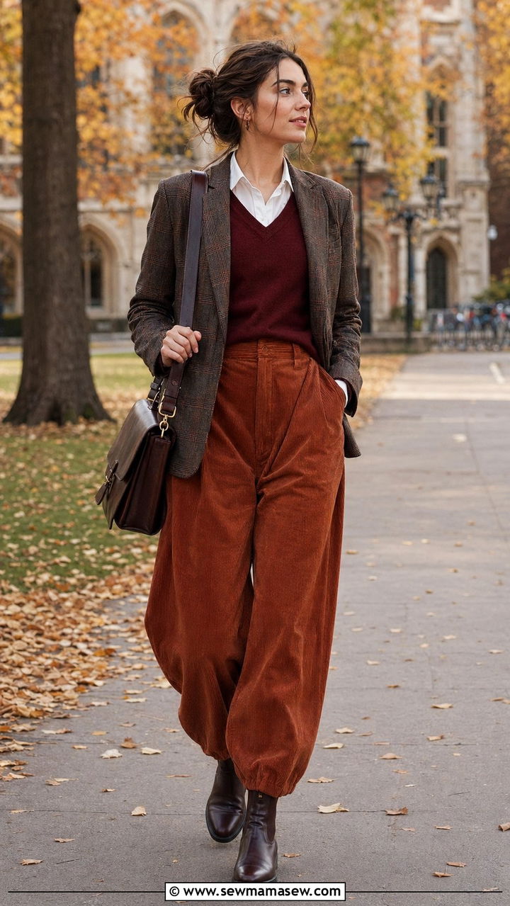 Corduroy Balloon Pants With Plaid Blazer And Collared Shirt - 30 balloon pants outfits