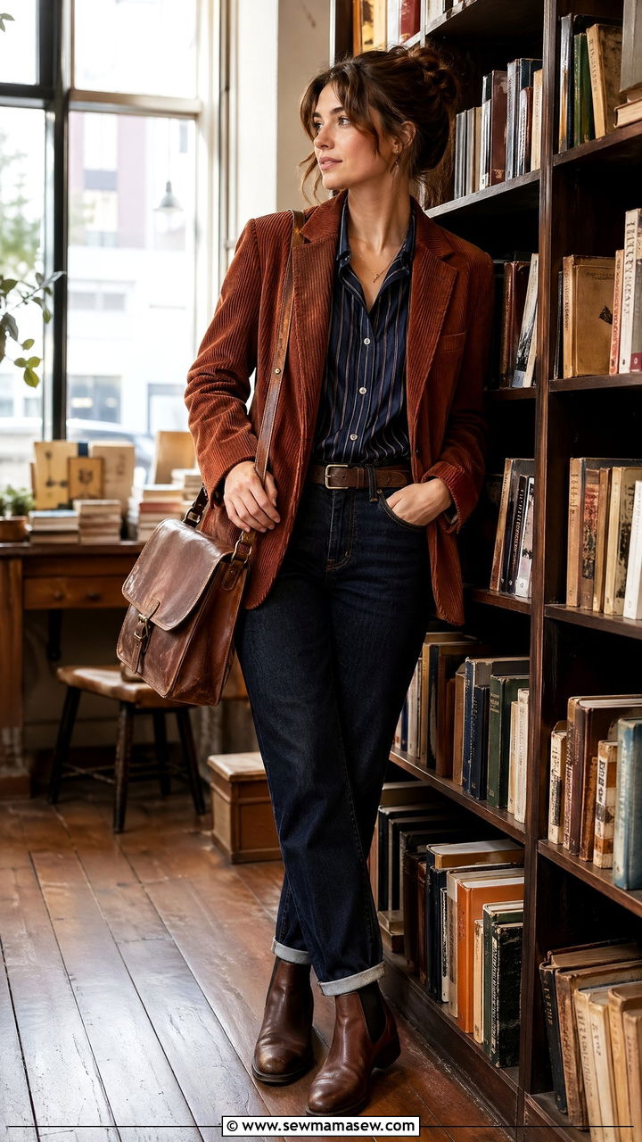 Corduroy Blazer Outfit With Striped Shirt And Dark Jeans - 35 Dark academia outfit ideas