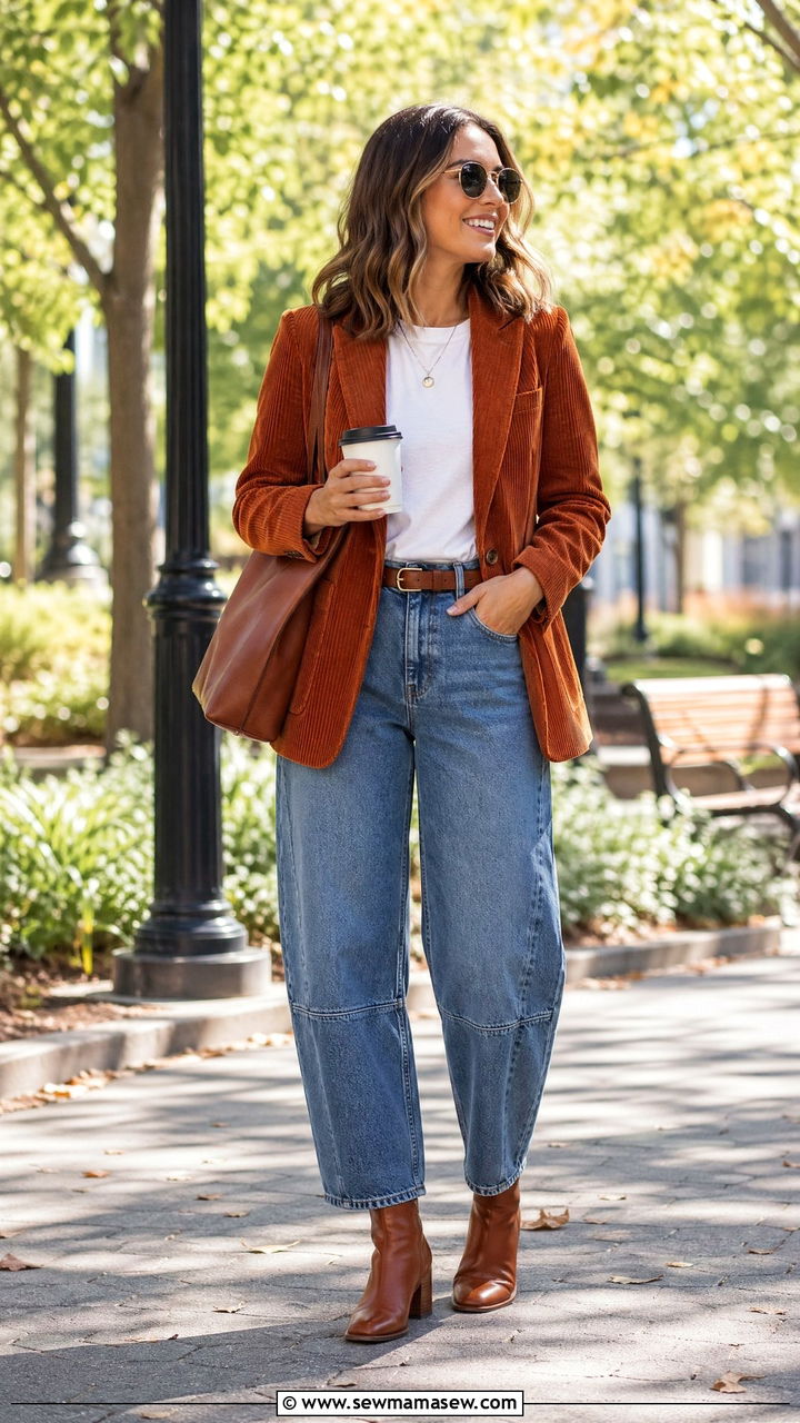 Corduroy Blazer With Barrel Leg Jeans - 35 Cute work outfits for women