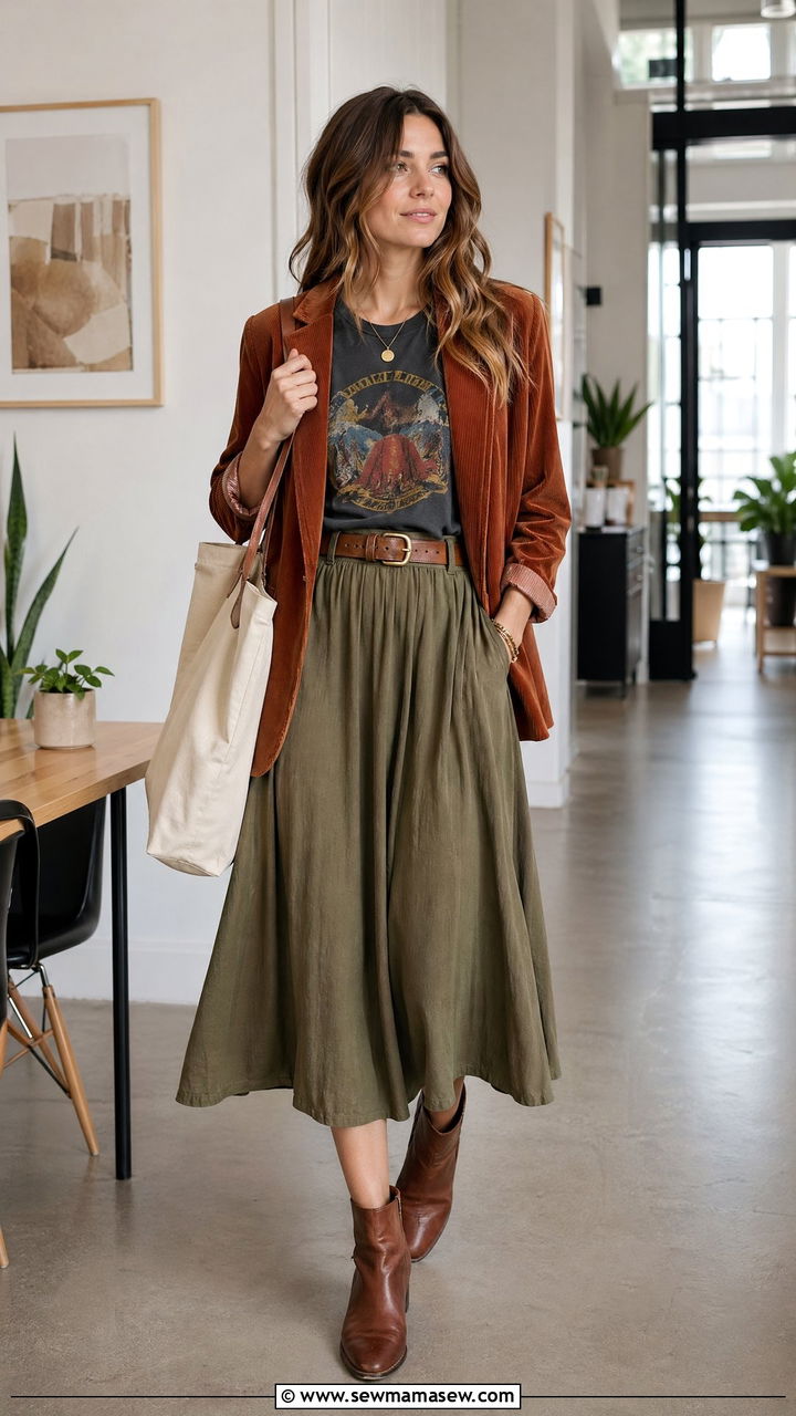 Corduroy Blazer With Graphic Tee And Midi Skirt - 35 Western boho outfit ideas
