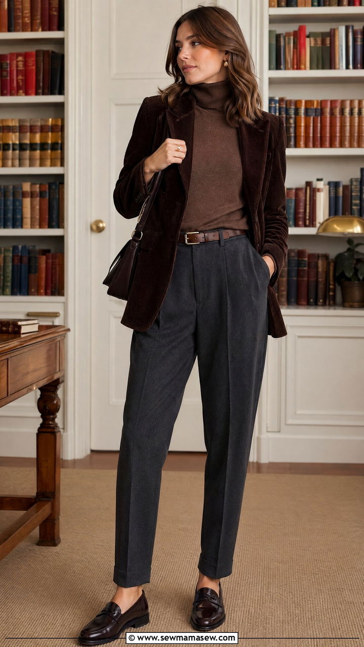 Corduroy Blazer With Roll Neck and Pleated Trousers - 35 transitional old money outfit ideas