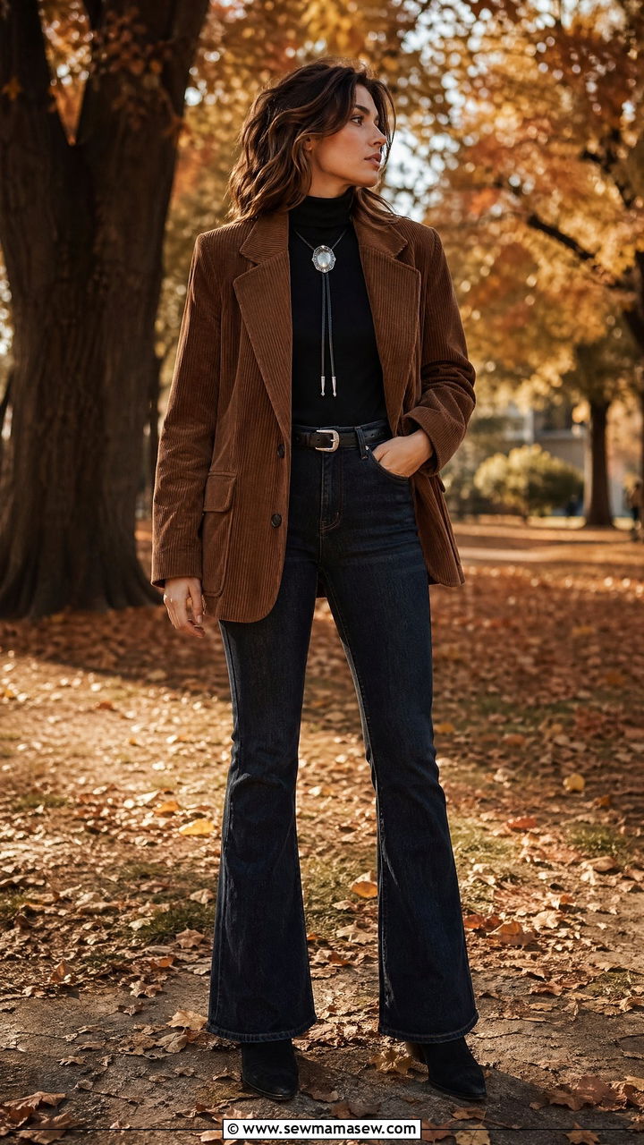 Corduroy Blazer with Turtleneck and Ankle Boots - 35 Western chic outfit ideas