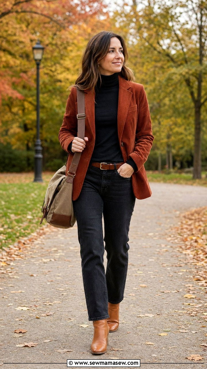 Corduroy Blazer with Turtleneck and Straight Leg Jeans - 35 outfit ideas for women over 30