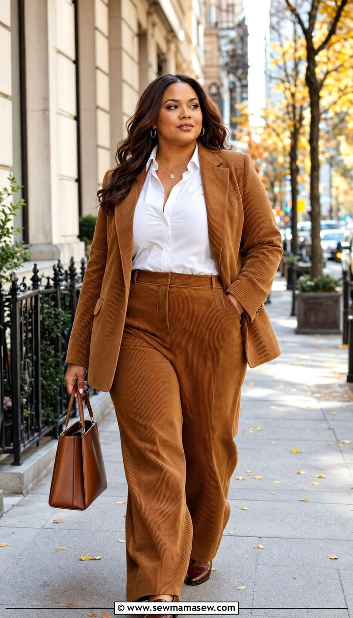 Corduroy Blazer with Wide Leg Pants - 30 Work outfits for curvy women