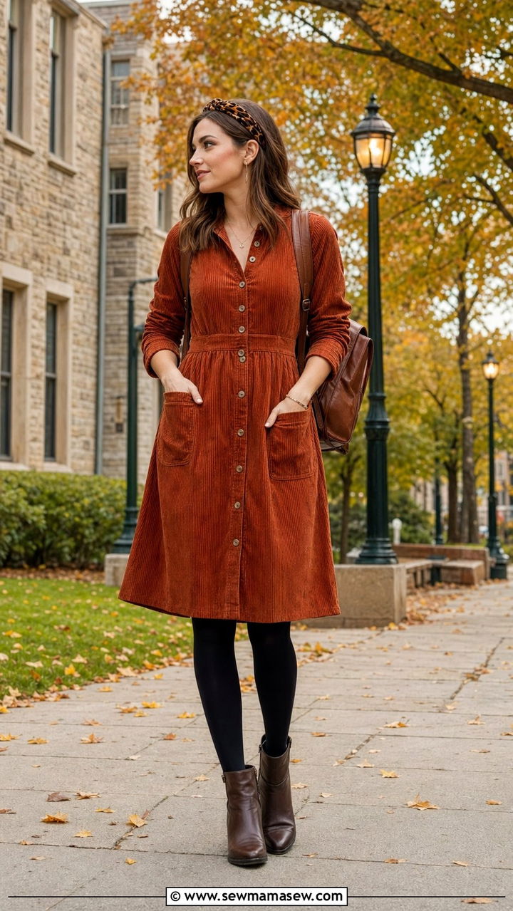 Corduroy Button Front Dress With Tights - 30 Back to school outfit ideas modest 2026