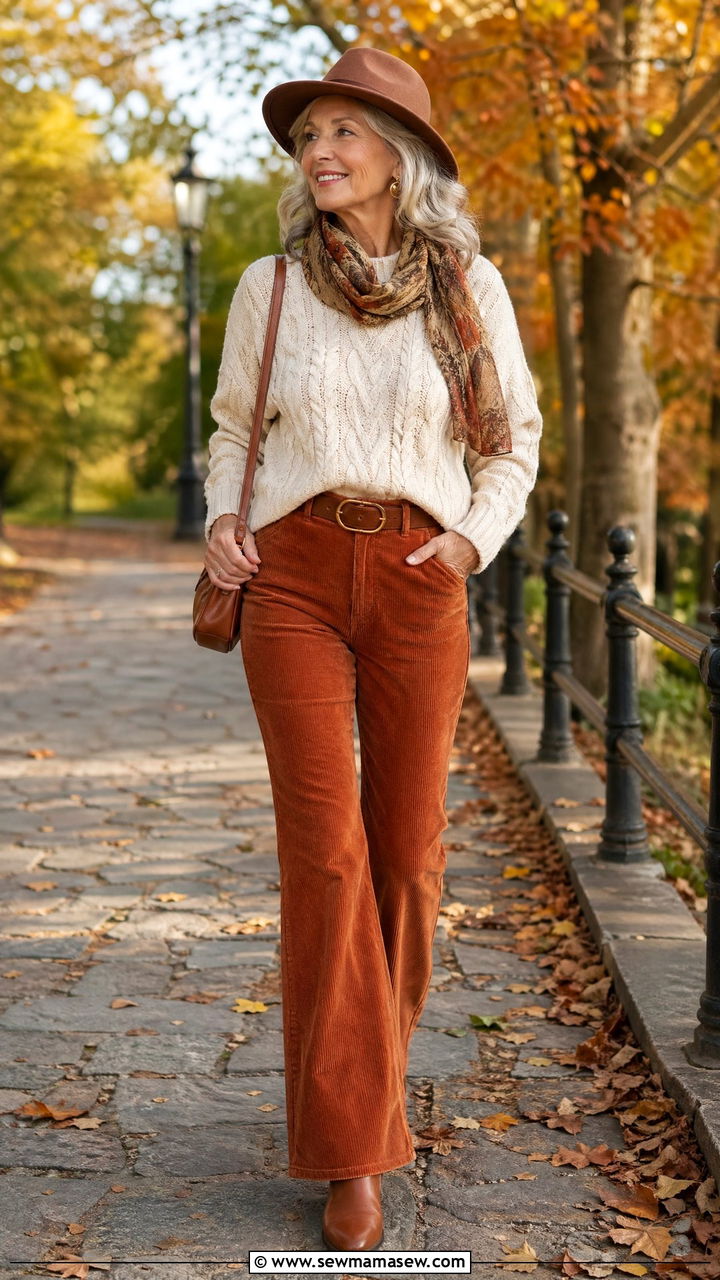 Corduroy Flared Pants with a Cable Knit Sweater - 35 Casual outfits for women over 60