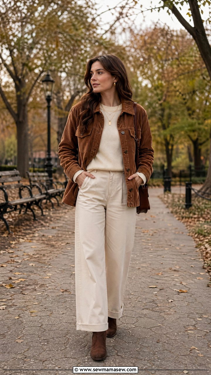Corduroy Jacket With Sweater And Wide Leg Pants - 35 Cold spring outfits