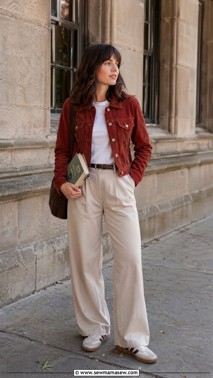 Corduroy Jacket With a T Shirt and Wide Leg Trousers - 40 trendy outfits for women