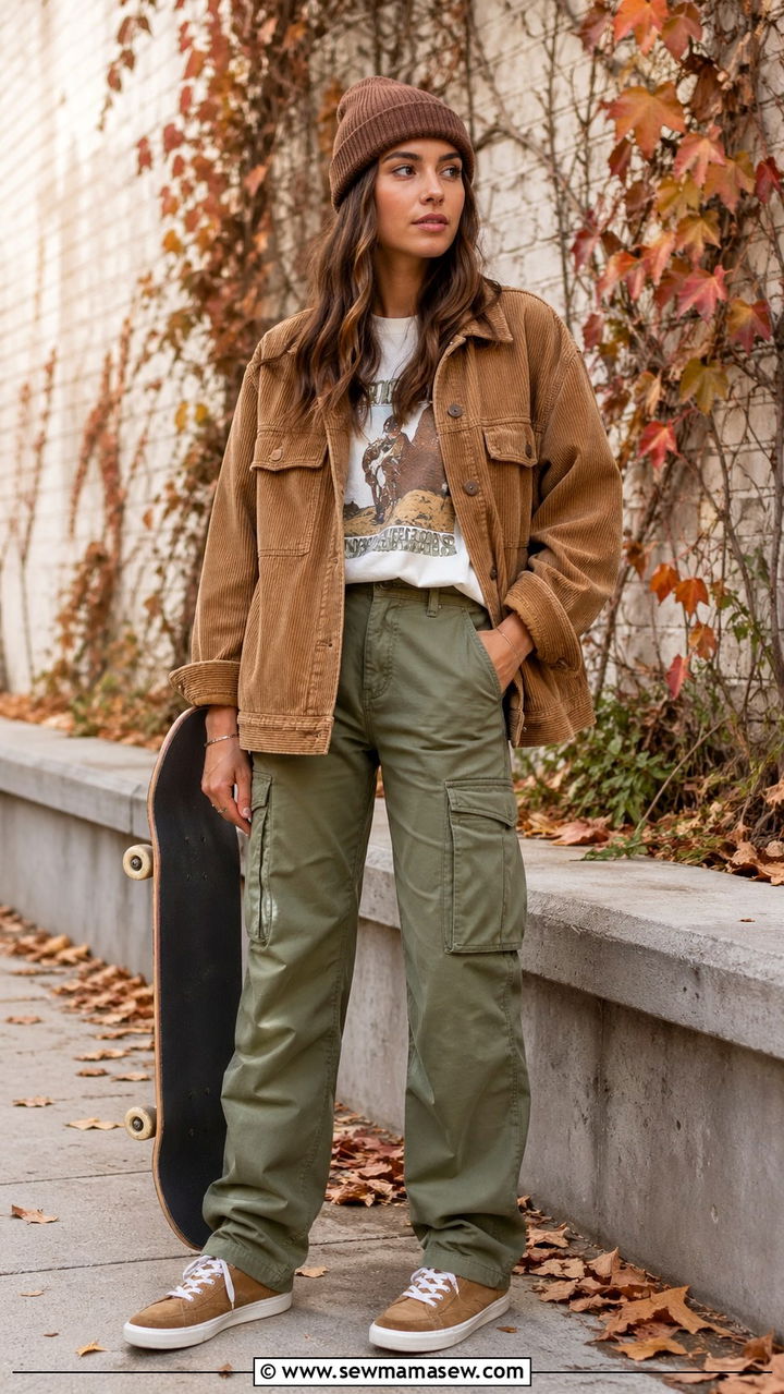 Corduroy Jacket and Cargo Pants - 30 Skater outfit ideas