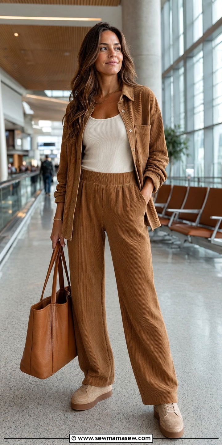 Corduroy Jacket and Matching Lounge Pants - 30 Airport outfit ideas for red eye flight