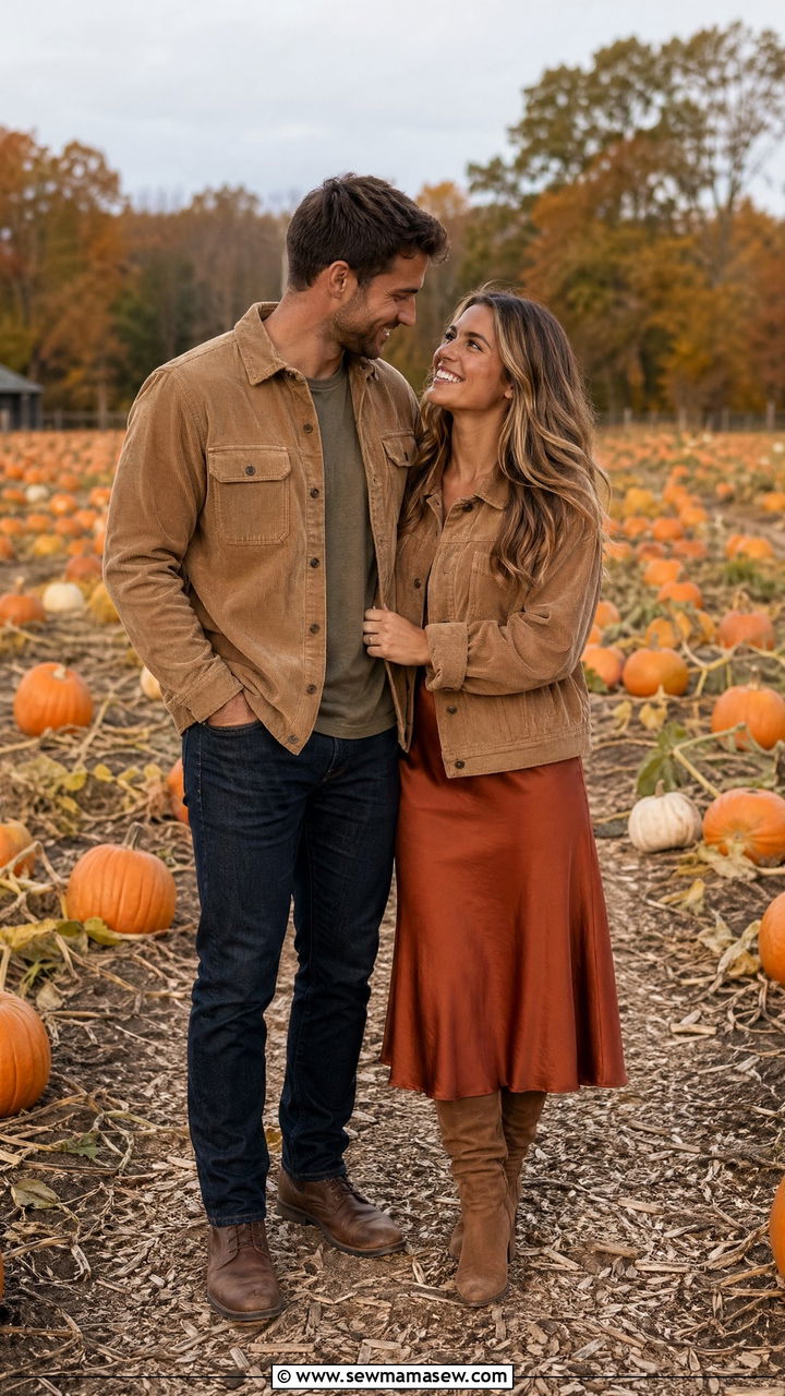 Corduroy Jacket and Midi Skirt Fall Texture Couple Outfit - 35 Couples photoshoot outfit ideas