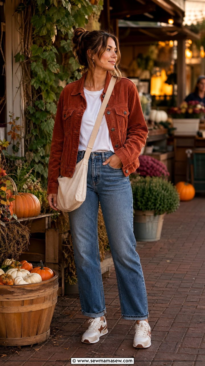 Corduroy Jacket with T Shirt and Straight Leg Jeans - 35 transitional outfits casual